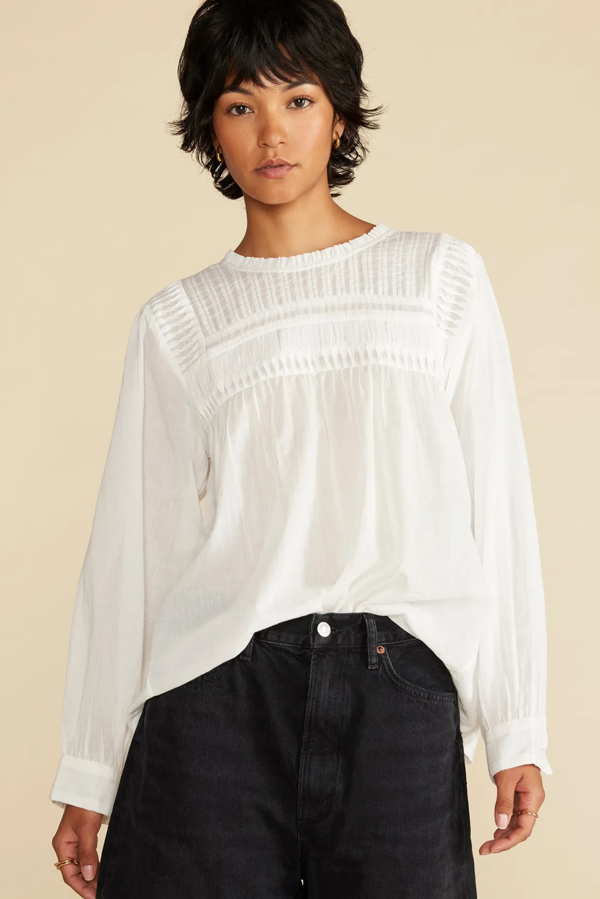 Amour Vert Aida Long Sleeve Organic Cotton Blouse White Fashion