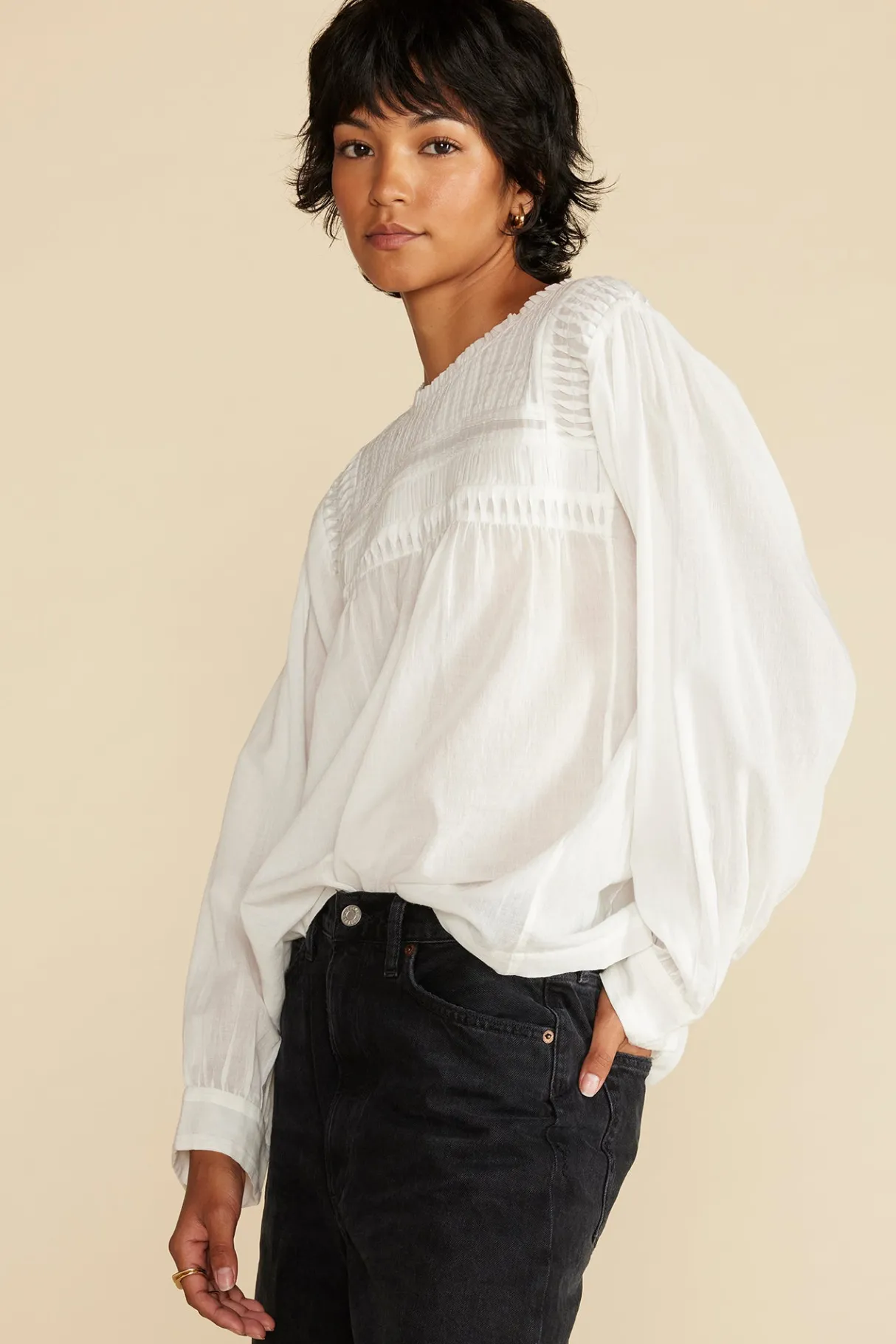 Amour Vert Aida Long Sleeve Organic Cotton Blouse White Fashion