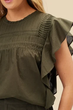 Amour Vert Aida Organic Cotton Blouse OliveGreen New