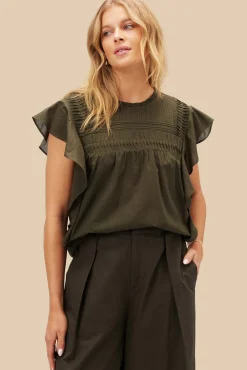 Amour Vert Aida Organic Cotton Blouse OliveGreen New