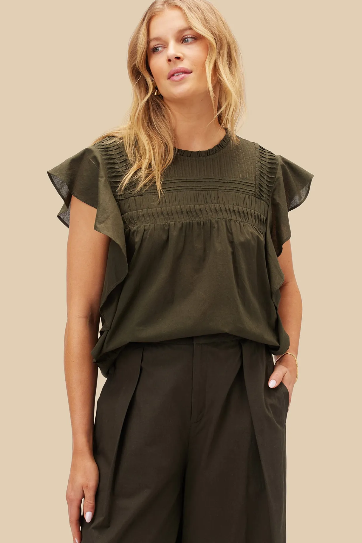 Amour Vert Aida Organic Cotton Blouse OliveGreen New