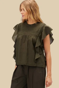 Amour Vert Aida Organic Cotton Blouse OliveGreen New
