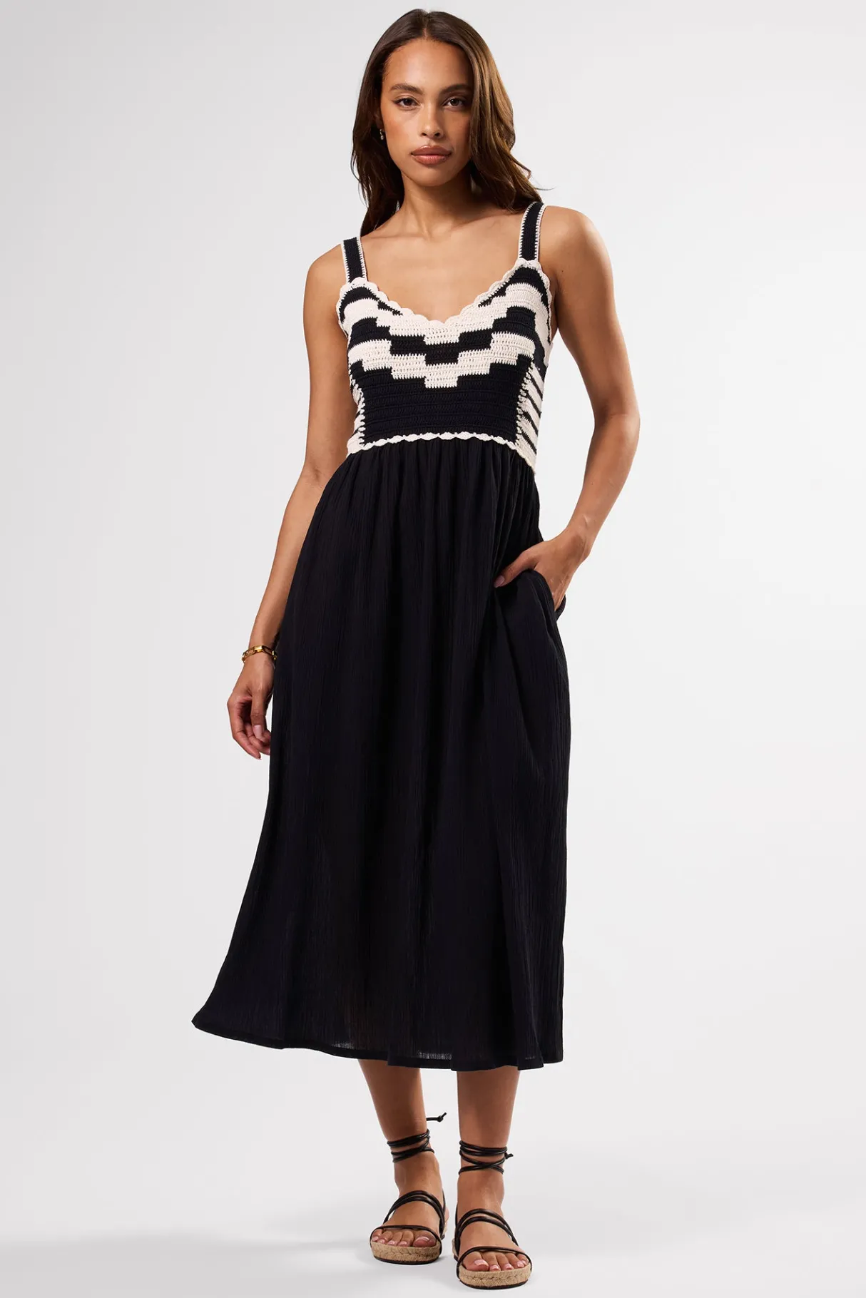 Amour Vert Anais Organic Cotton Crochet Dress BlackWhite Discount