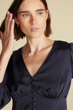 Amour Vert Aurelie Stretch Silk Bustier Blouse NightSkyBlue New