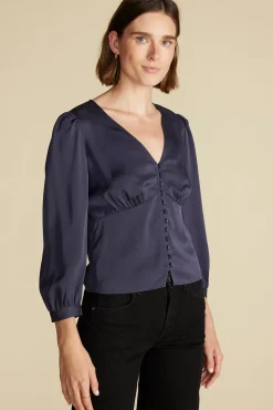 Amour Vert Aurelie Stretch Silk Bustier Blouse NightSkyBlue New