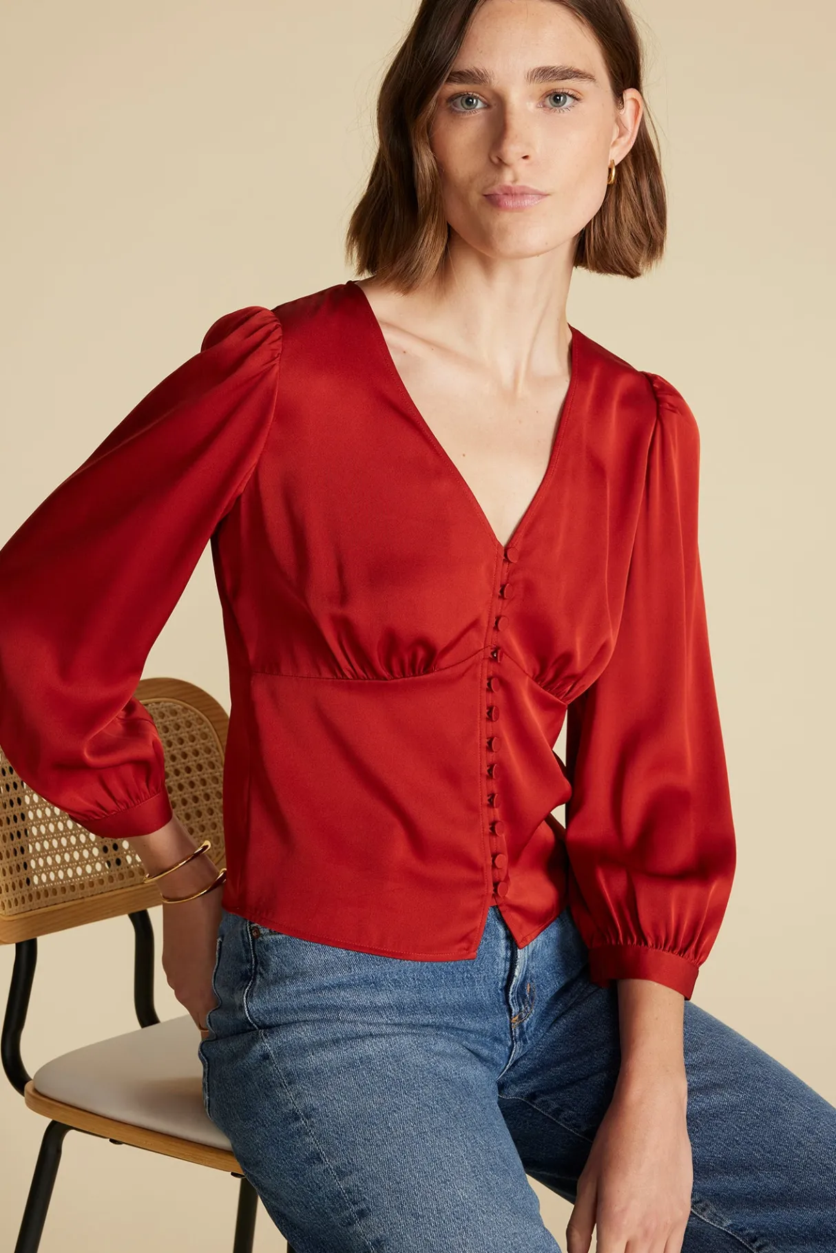 Amour Vert Aurelie Stretch Silk Bustier Blouse Rust Hot