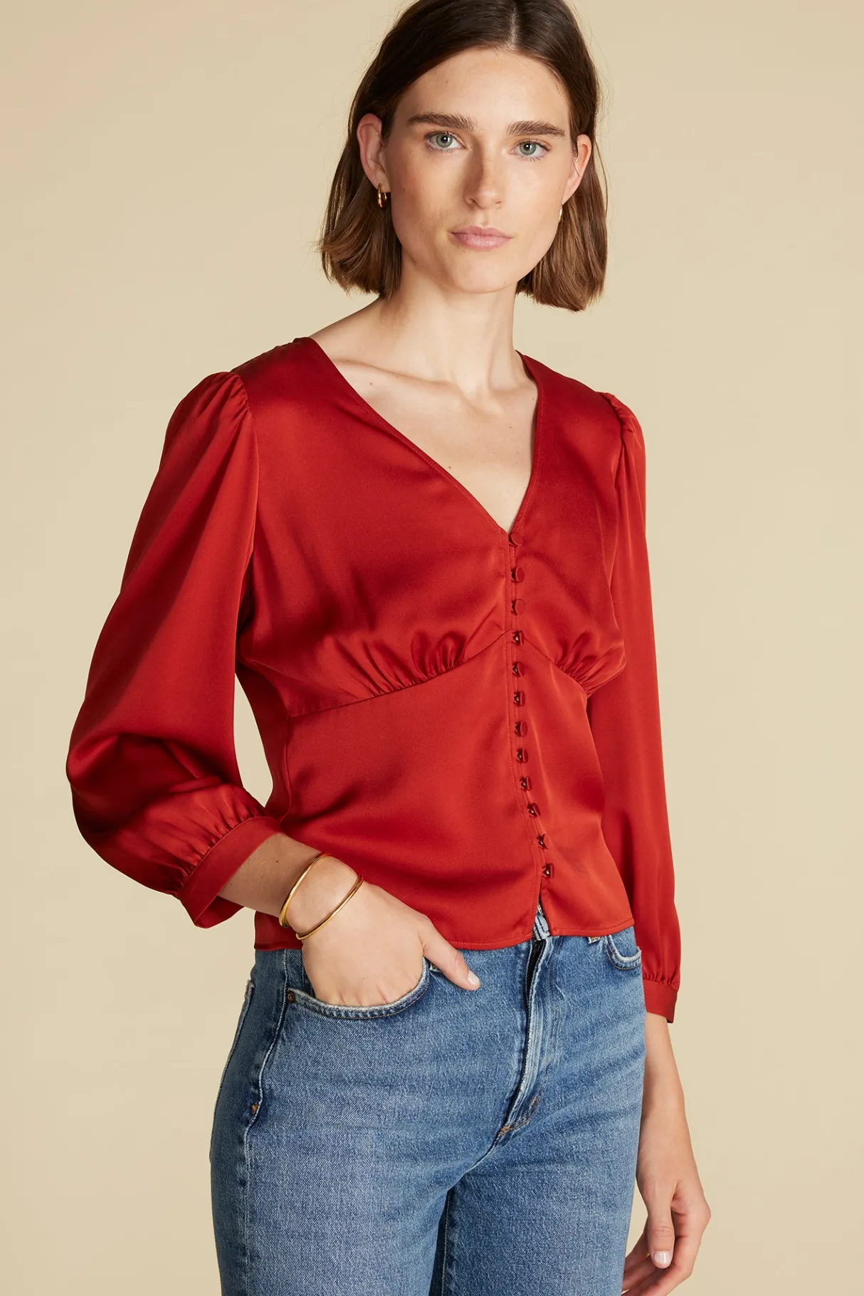 Amour Vert Aurelie Stretch Silk Bustier Blouse Rust Hot