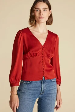 Amour Vert Aurelie Stretch Silk Bustier Blouse Rust Hot