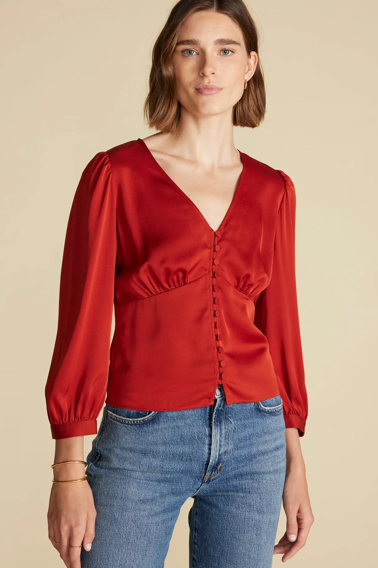 Amour Vert Aurelie Stretch Silk Bustier Blouse Rust Hot
