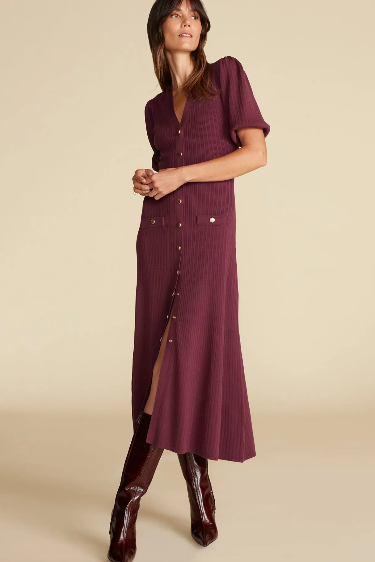 Amour Vert Benoite Knit Shirt Dress Burgundy Online
