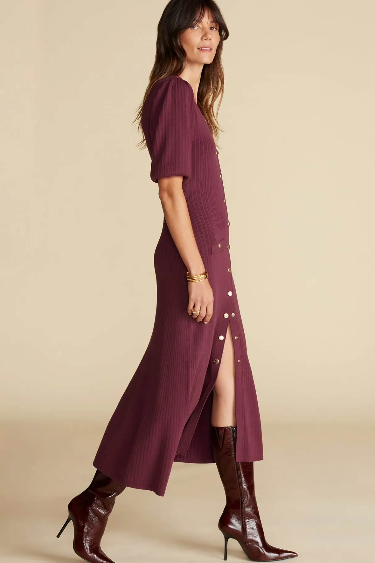 Amour Vert Benoite Knit Shirt Dress Burgundy Online