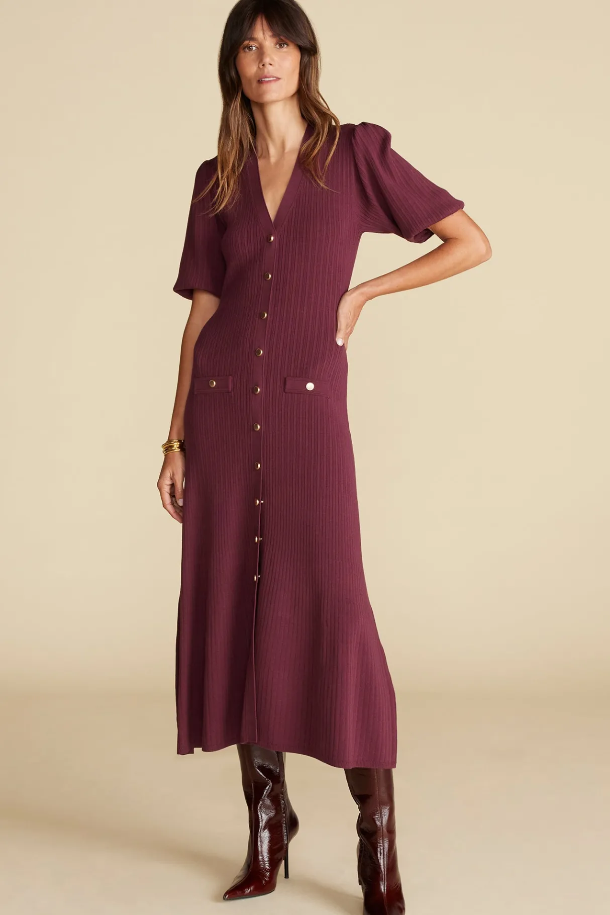 Amour Vert Benoite Knit Shirt Dress Burgundy Online