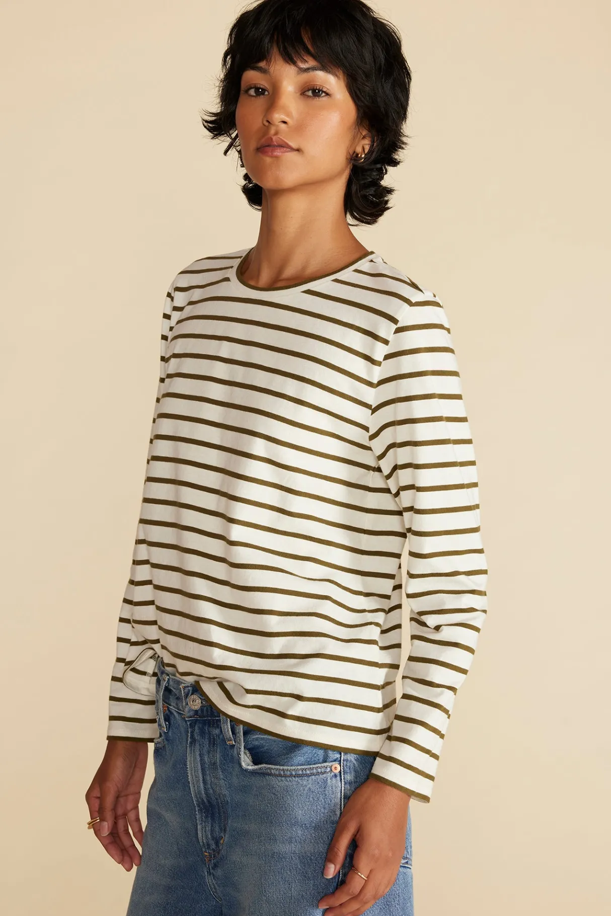 Amour Vert Berkeley Long Sleeve Tee IvoryandOliveGreenStripe Sale
