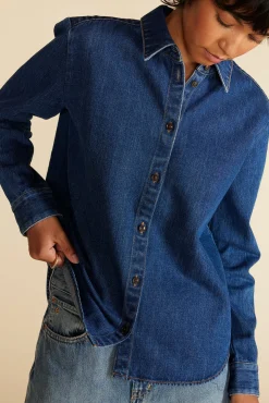 Amour Vert Bixby Denim Collared Long Sleeve Top IndigoBlue New