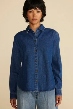 Amour Vert Bixby Denim Collared Long Sleeve Top IndigoBlue New