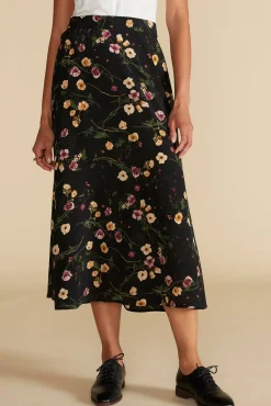 Amour Vert Blaze Washable Silk Skirt BlackMargeuritteWildflowerPrint New