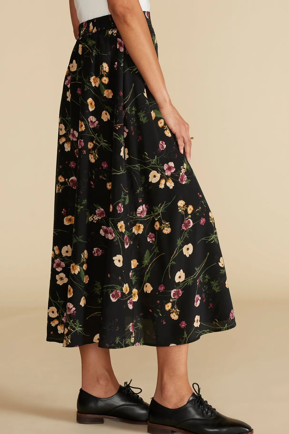 Amour Vert Blaze Washable Silk Skirt BlackMargeuritteWildflowerPrint New