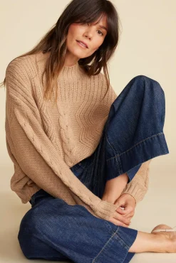 Amour Vert Cameryn Cable Knit Wool Sweater Camel Hot