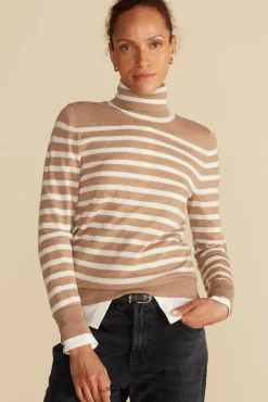 Amour Vert Carrie Turtleneck Cashmere Sweater CamelandIvoryStripe Sale