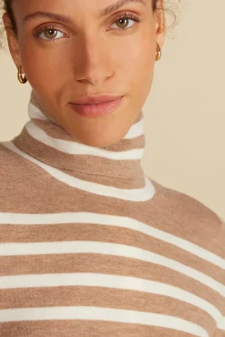 Amour Vert Carrie Turtleneck Cashmere Sweater CamelandIvoryStripe Sale