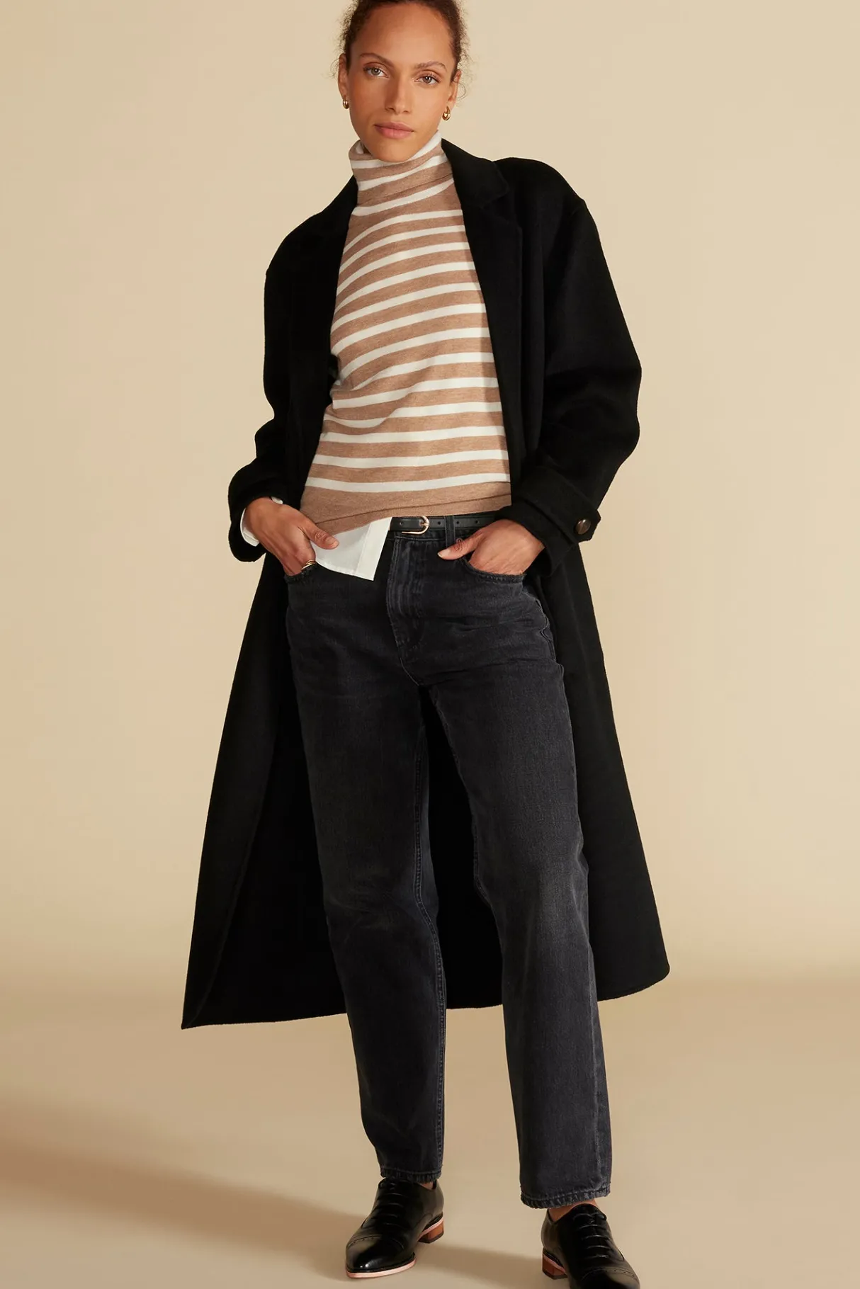 Amour Vert Carrie Turtleneck Cashmere Sweater CamelandIvoryStripe Sale