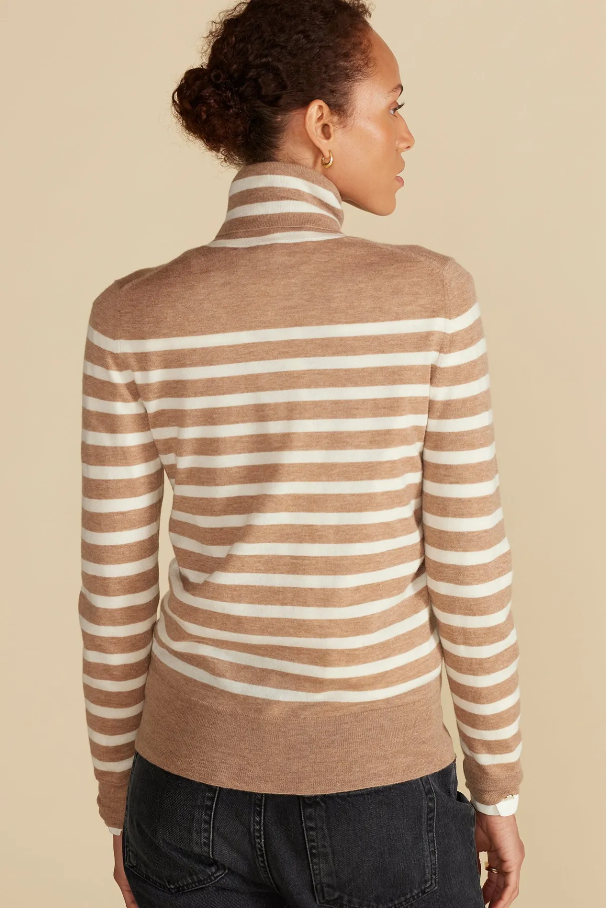 Amour Vert Carrie Turtleneck Cashmere Sweater CamelandIvoryStripe Sale