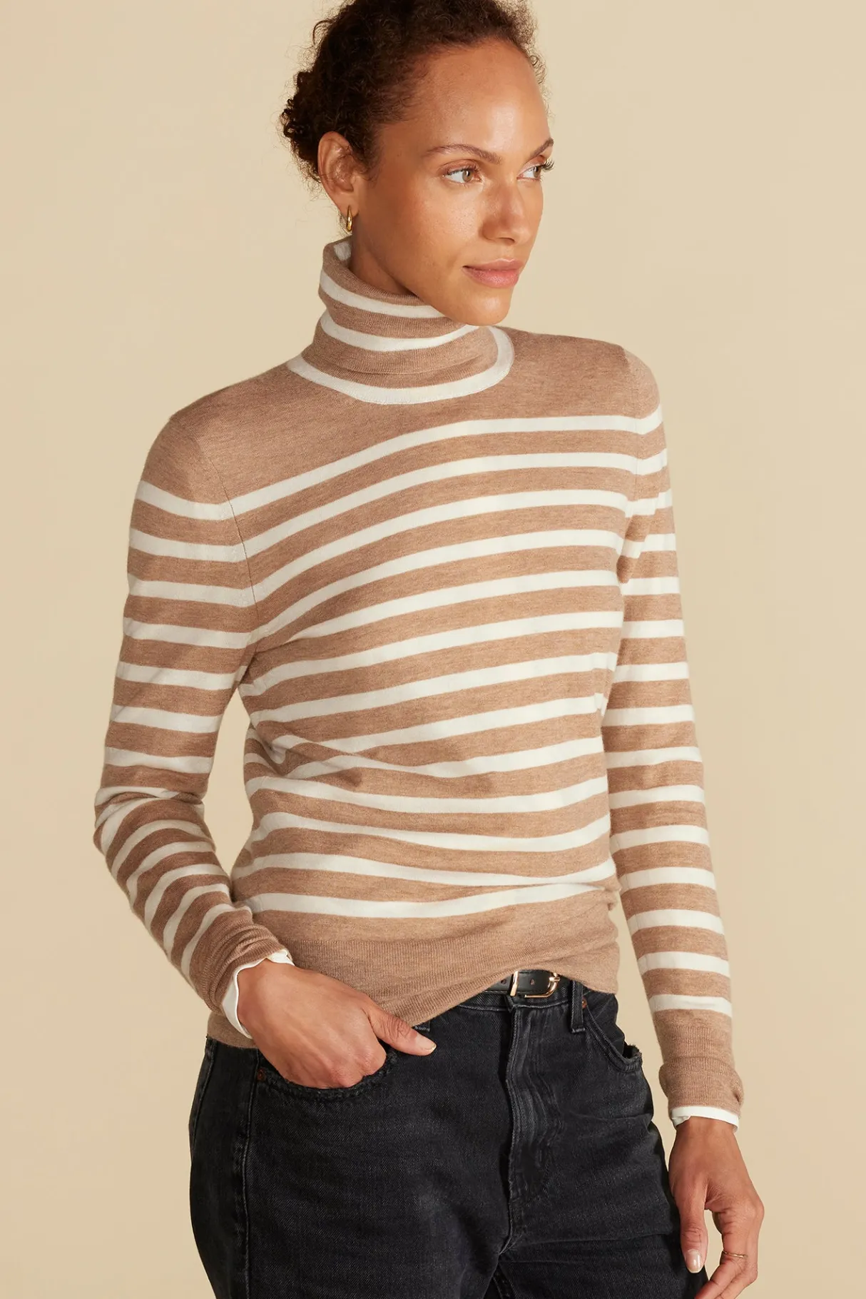 Amour Vert Carrie Turtleneck Cashmere Sweater CamelandIvoryStripe Sale