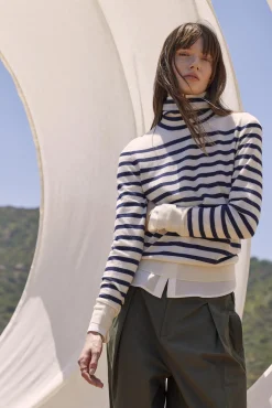 Amour Vert Carrie Turtleneck Cashmere Sweater IvoryandNavyBlueStripe Online