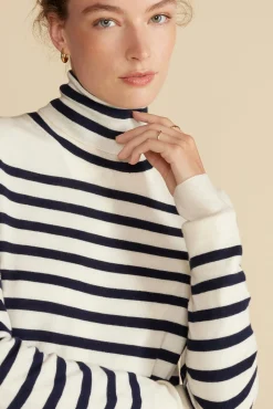 Amour Vert Carrie Turtleneck Cashmere Sweater IvoryandNavyBlueStripe Online