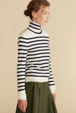 Amour Vert Carrie Turtleneck Cashmere Sweater IvoryandNavyBlueStripe Online