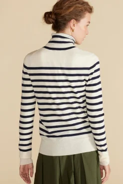 Amour Vert Carrie Turtleneck Cashmere Sweater IvoryandNavyBlueStripe Online
