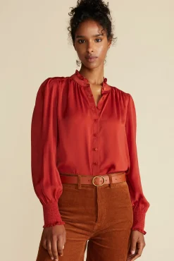Amour Vert Charlotte Ruffled Recycled Sateen Blouse Rust Sale