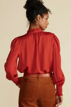 Amour Vert Charlotte Ruffled Recycled Sateen Blouse Rust Sale