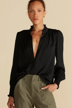 Amour Vert Charlotte Ruffled Recycled Sateen Blouse Black Fashion