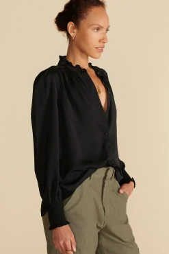 Amour Vert Charlotte Ruffled Recycled Sateen Blouse Black Fashion