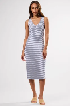 Amour Vert Deacon Organic Cotton Modal Rib Dress CannesStripeNaturalAegeanBlue Online
