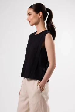 Amour Vert Detailed Cotton Linen Tank Top Black Clearance