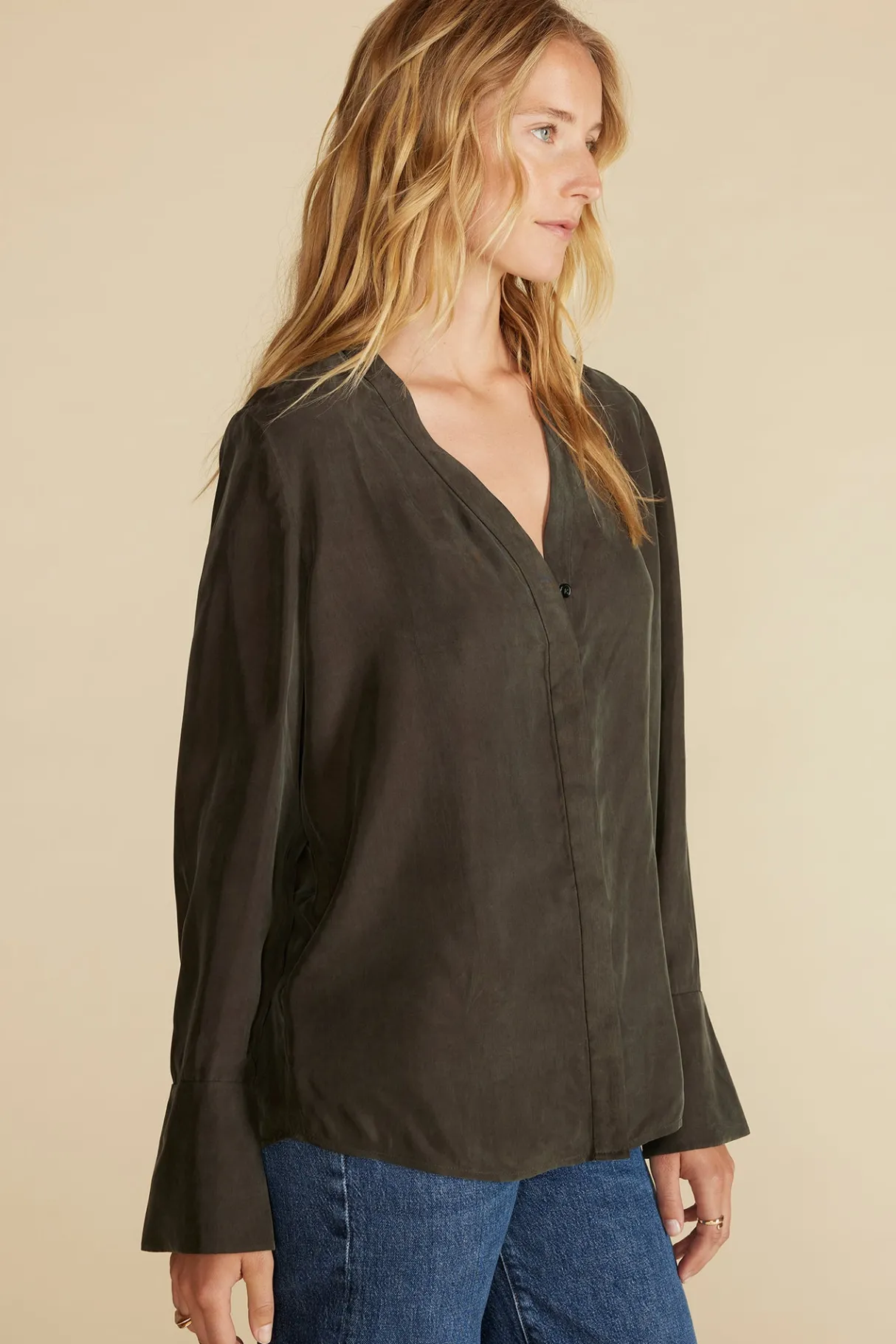Amour Vert Dree Cupro V Neck Blouse OliveGreen Online