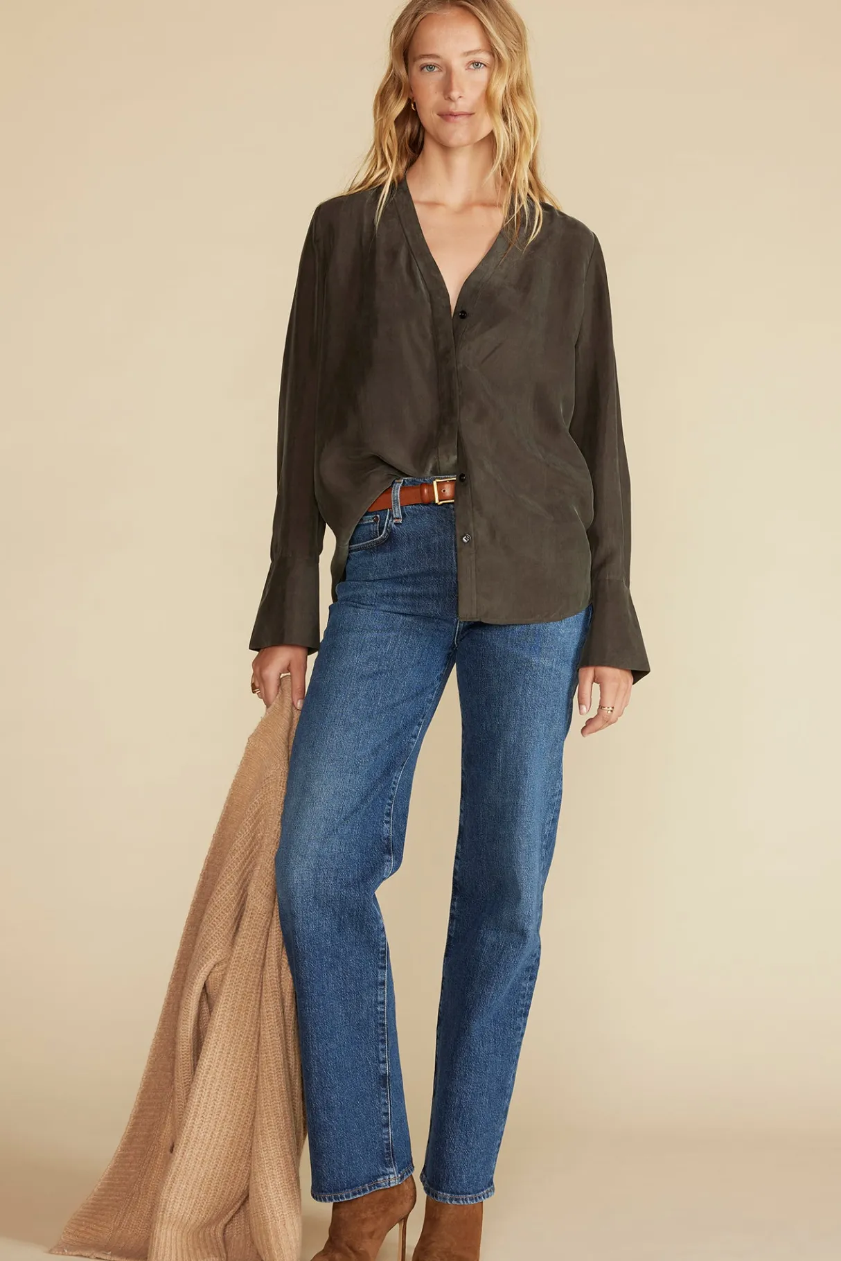 Amour Vert Dree Cupro V Neck Blouse OliveGreen Online
