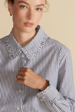 Amour Vert Edelie Ruffled Poplin Shirt BayeuxNavyBlueandIvoryStripe Outlet