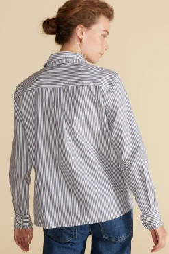 Amour Vert Edelie Ruffled Poplin Shirt BayeuxNavyBlueandIvoryStripe Outlet