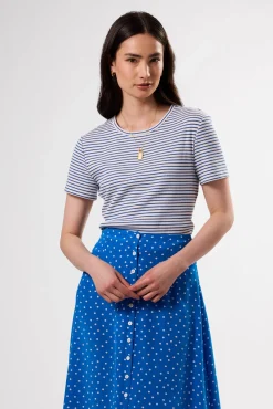 Amour Vert Eleanor Organic Cotton Modal Rib Tee CannesStripeNaturalAegeanBlue Hot