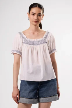 Amour Vert Embroidered Smocked Top WhiteCobaltEmbroidery Outlet