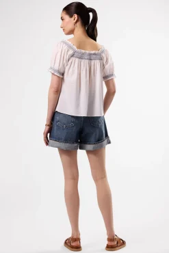 Amour Vert Embroidered Smocked Top WhiteCobaltEmbroidery Outlet