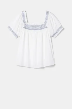Amour Vert Embroidered Smocked Top WhiteCobaltEmbroidery Outlet