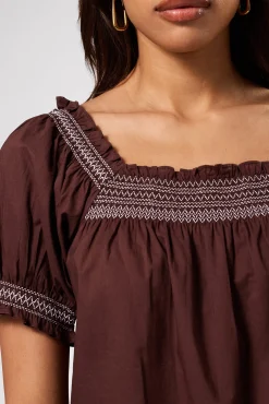Amour Vert Embroidered Smocked Top EspressoWhiteEmbroidery Discount