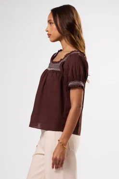 Amour Vert Embroidered Smocked Top EspressoWhiteEmbroidery Discount