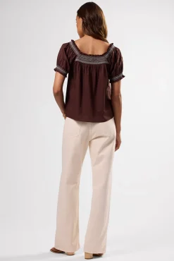 Amour Vert Embroidered Smocked Top EspressoWhiteEmbroidery Discount