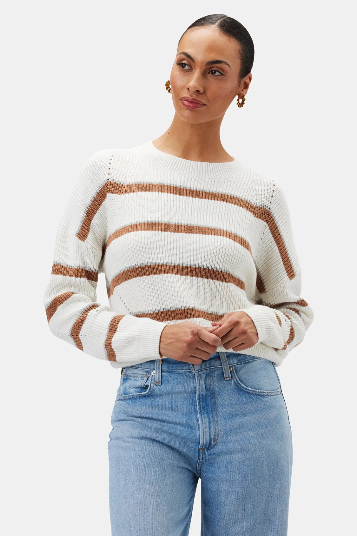 Amour Vert Emma Striped Sweater IvoryTanGrayStripe Sale