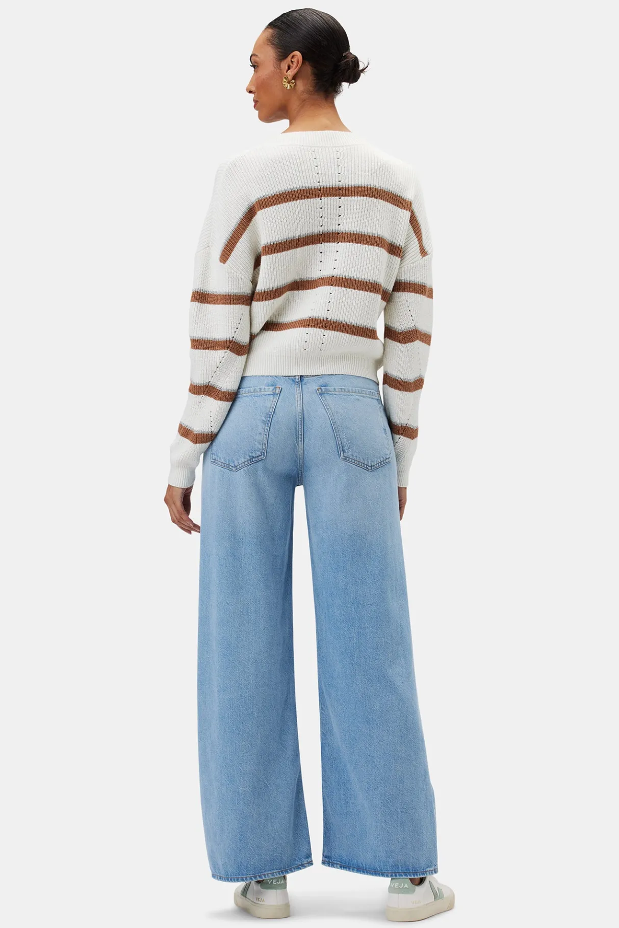 Amour Vert Emma Striped Sweater IvoryTanGrayStripe Sale